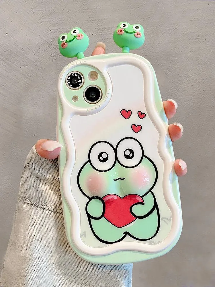 3D Ears Frog Cute Phone Case - Wave Edge - For iPhone 15 Pro Max, 14, 13, 11, 12