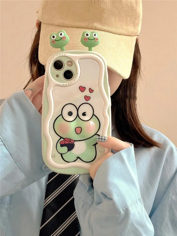 3D Ears Frog Cute Phone Case - Wave Edge - For iPhone 15 Pro Max, 14, 13, 11, 12