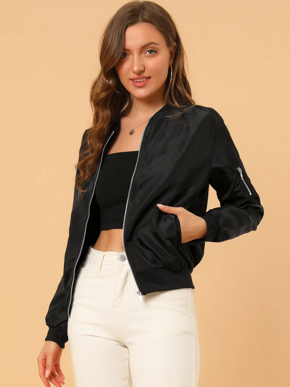 Allegra K - Casual Zip Up Bomber Jacket Outerwear