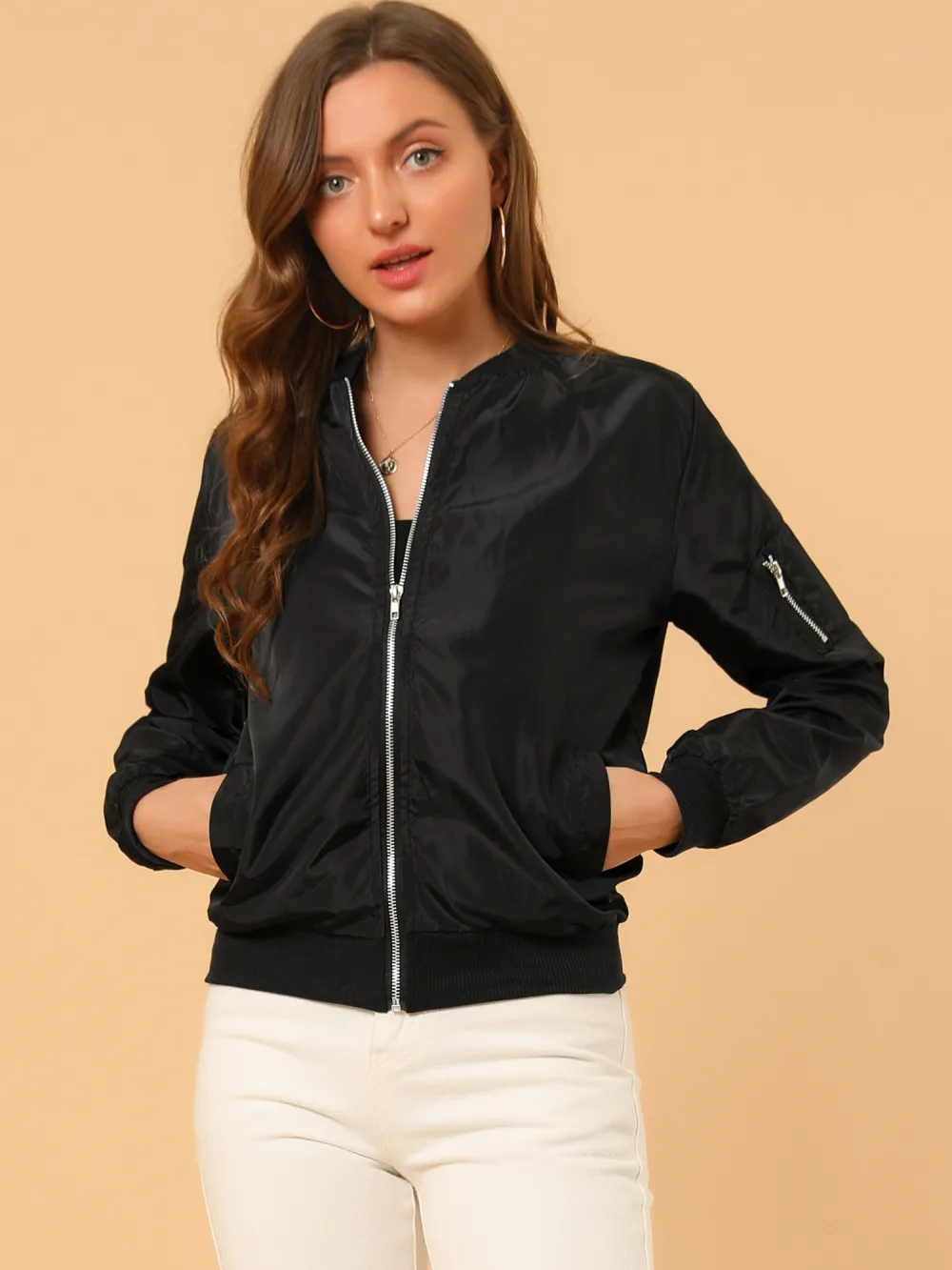 Allegra K - Casual Zip Up Bomber Jacket Outerwear