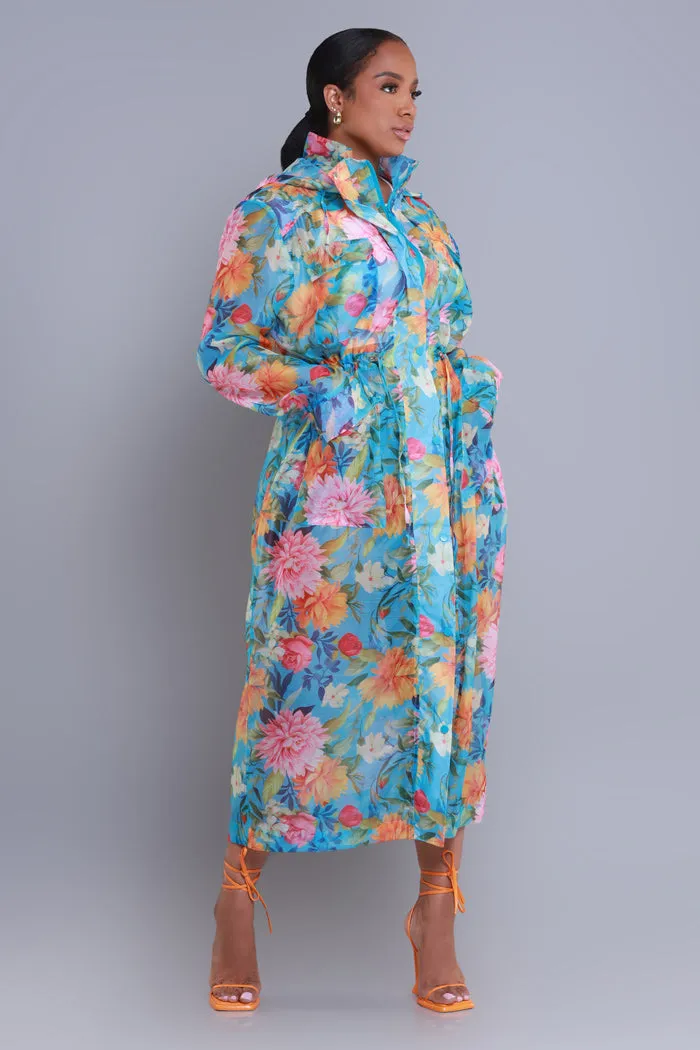 Blooming Hearts Oversized Floral Hooded Longline Jacket - Blue Multicolor