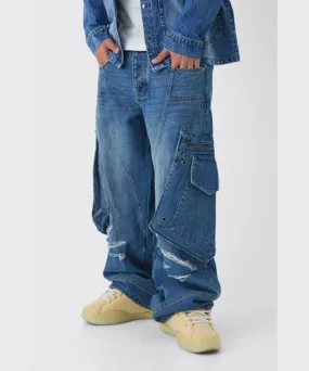 boohooMAN Mens Baggy Fit Ripped 3D Cargo Jeans