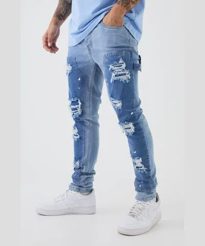 boohooMAN Mens Skinny Stretch Stacked Carpenter Rip & Repair Denim Jeans