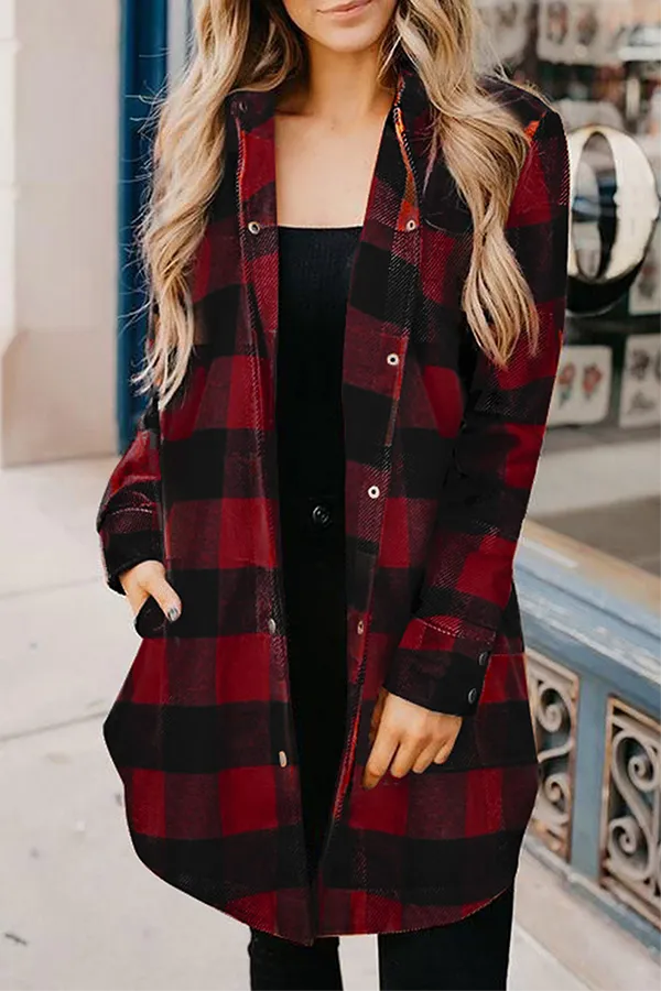 Casual Plaid Pocket Buckle Turndown Collar Outerwear(6 Colors)