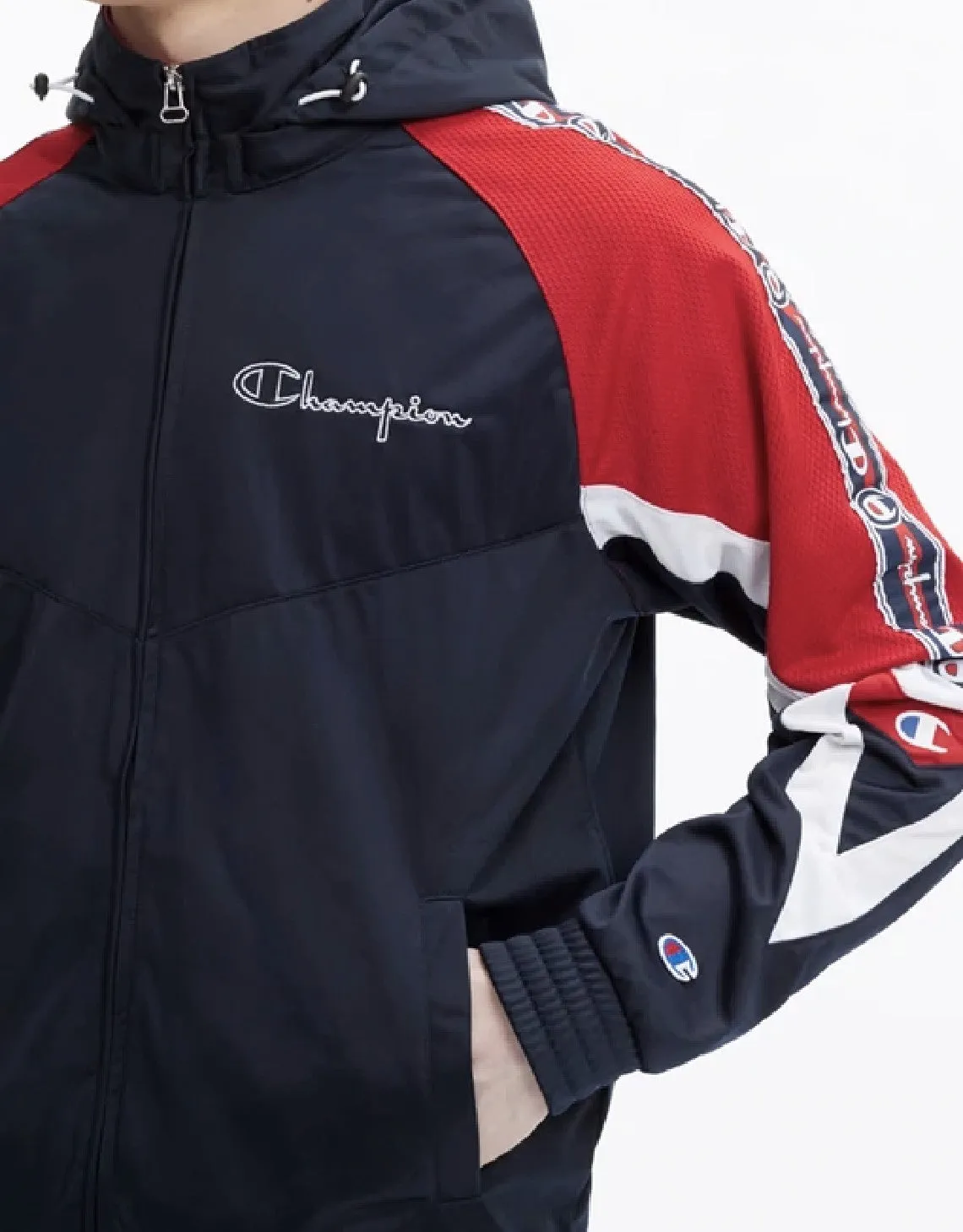 Champion Europe Archive Jacquard Logo Tape Hooded Track Jacket Navy