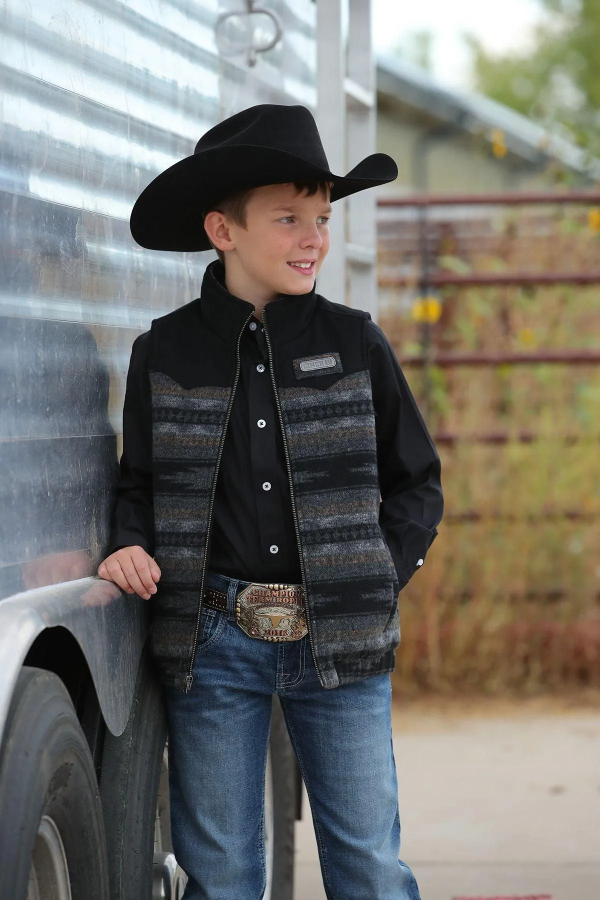 Cinch Boy's Black and Grey Blanket Striped Poly-Wool Vest MWV5050002