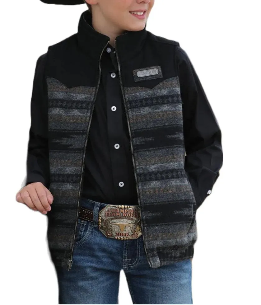 Cinch Boy's Black and Grey Blanket Striped Poly-Wool Vest MWV5050002