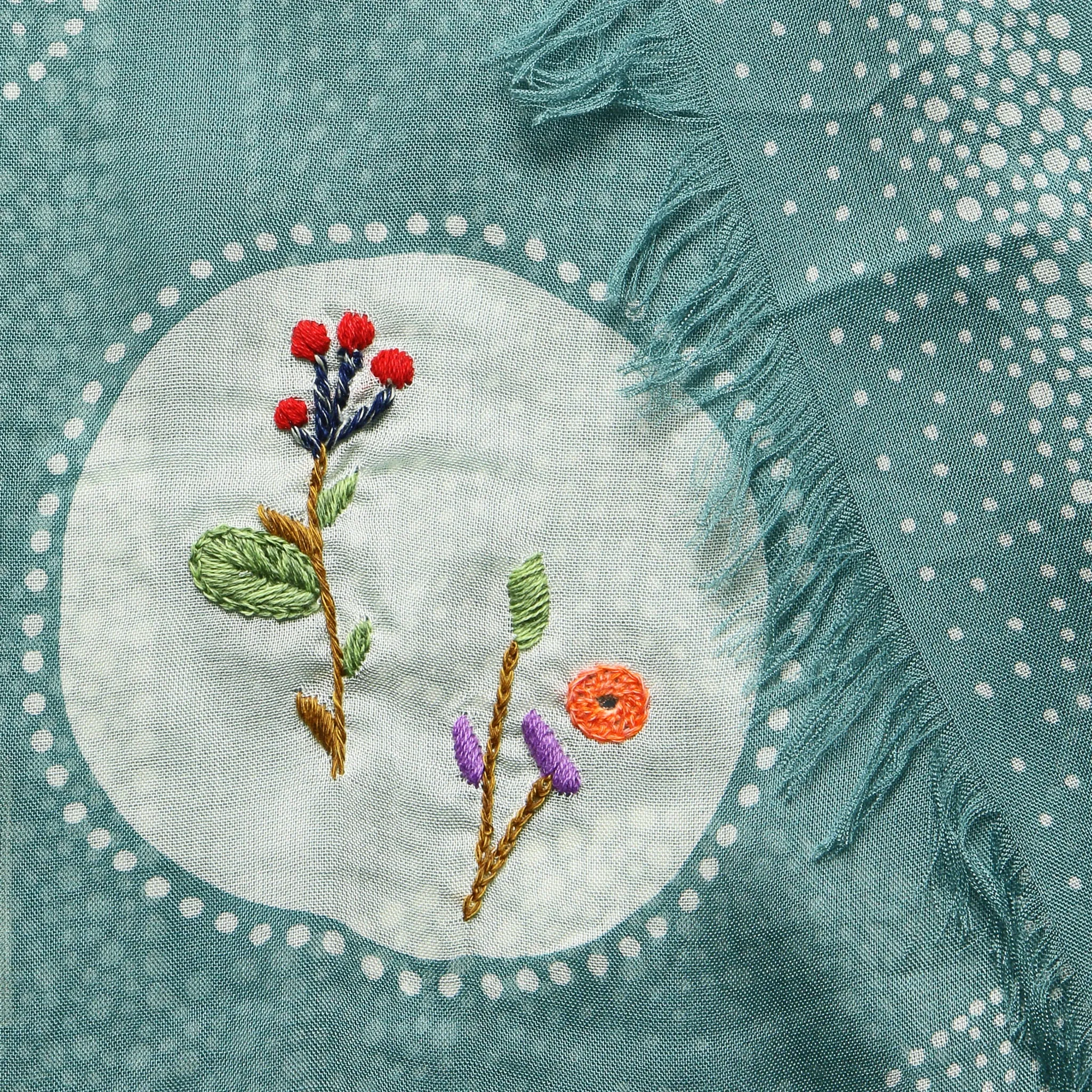 Flower Embroidery Dot Fringe Stole - Turquoise