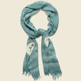 Flower Embroidery Dot Fringe Stole - Turquoise