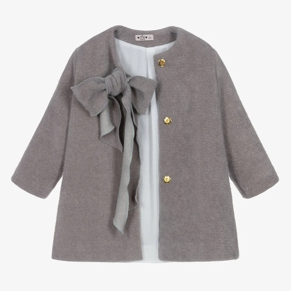 Girls Grey Sparkle Bow Coat