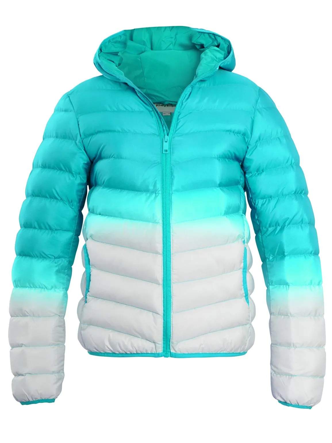 Girls Padded 2 Tone Puffer Jacket. Pink, Jade, Ages 7 to 13 Years