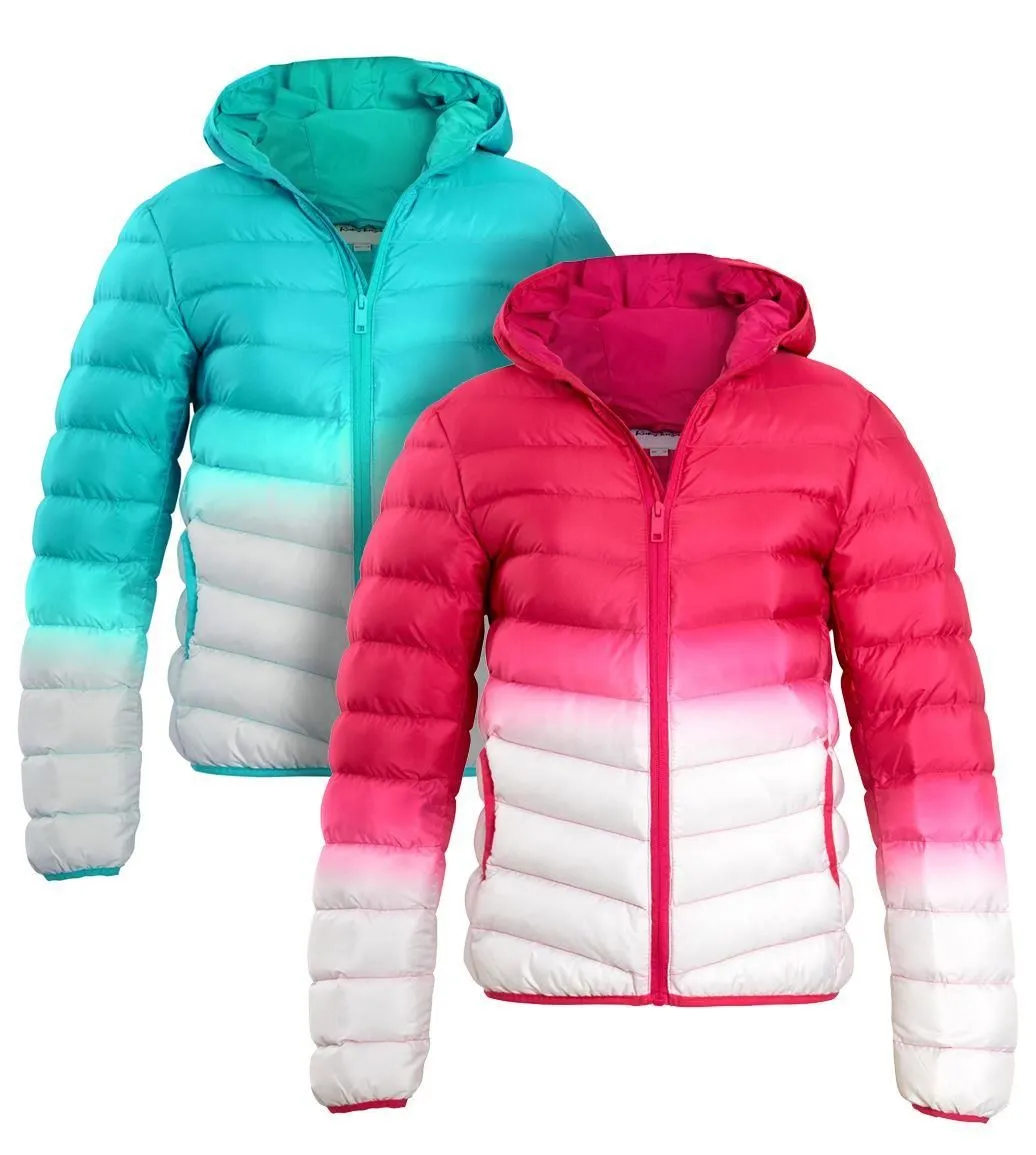 Girls Padded 2 Tone Puffer Jacket. Pink, Jade, Ages 7 to 13 Years