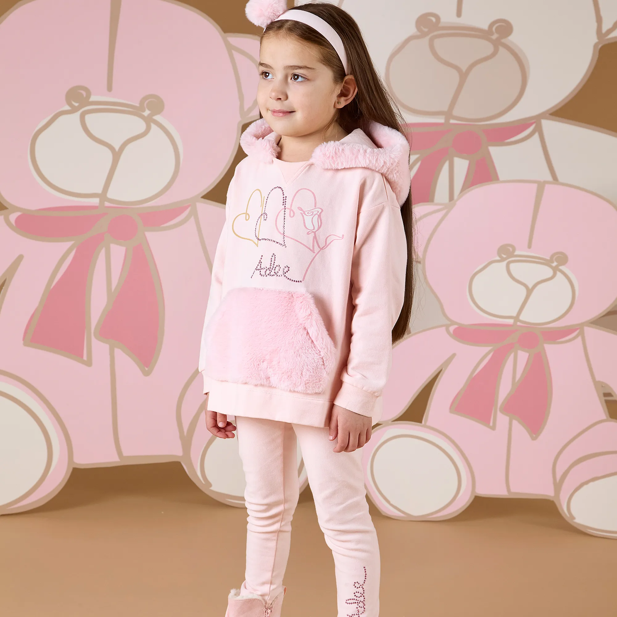 Girls Pink Cotton Hooded Leggings Set