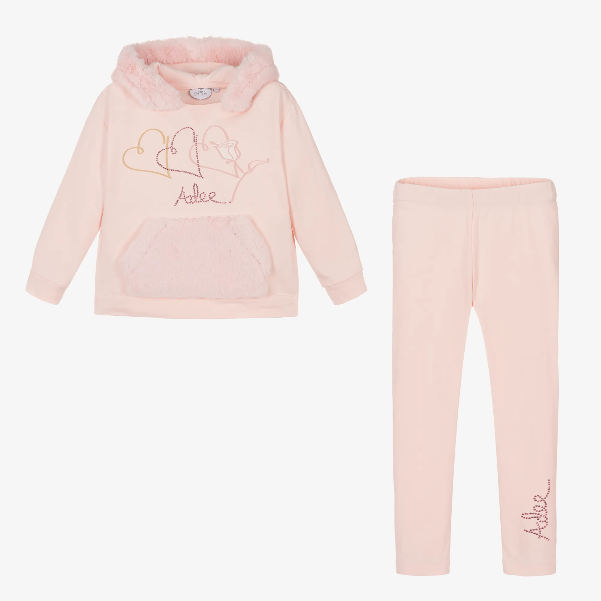 Girls Pink Cotton Hooded Leggings Set