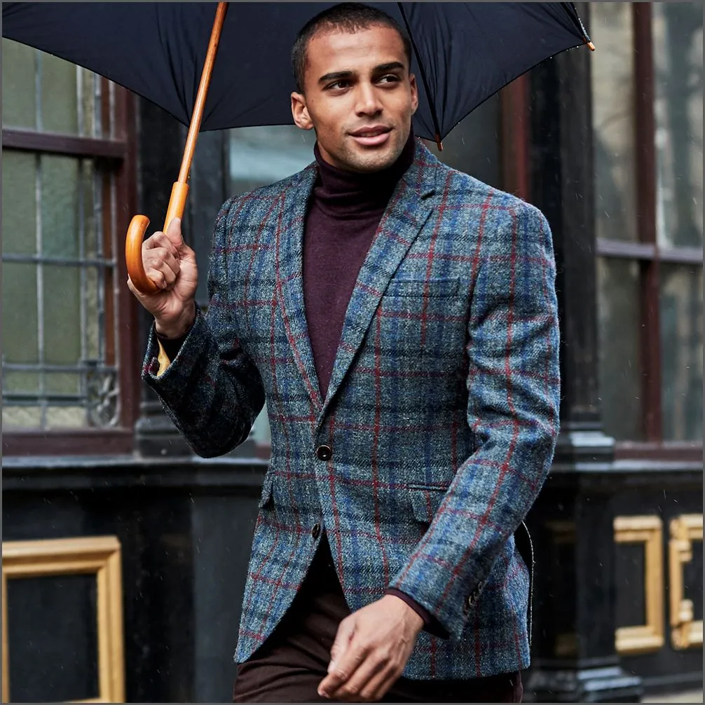 Harris Tweed Blue with Wine Overcheck Jacket