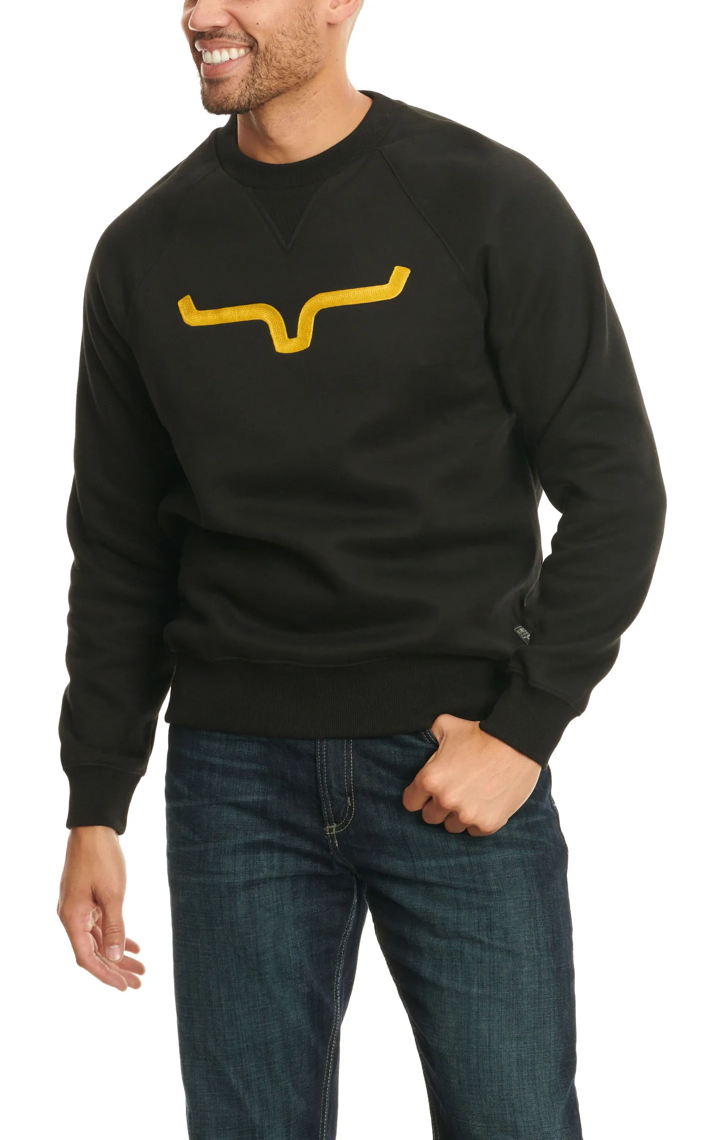 Kimes Ranch Men's Black Vintage Crew Neck Golden-Yellow Embroidery Logo Sweatshirt