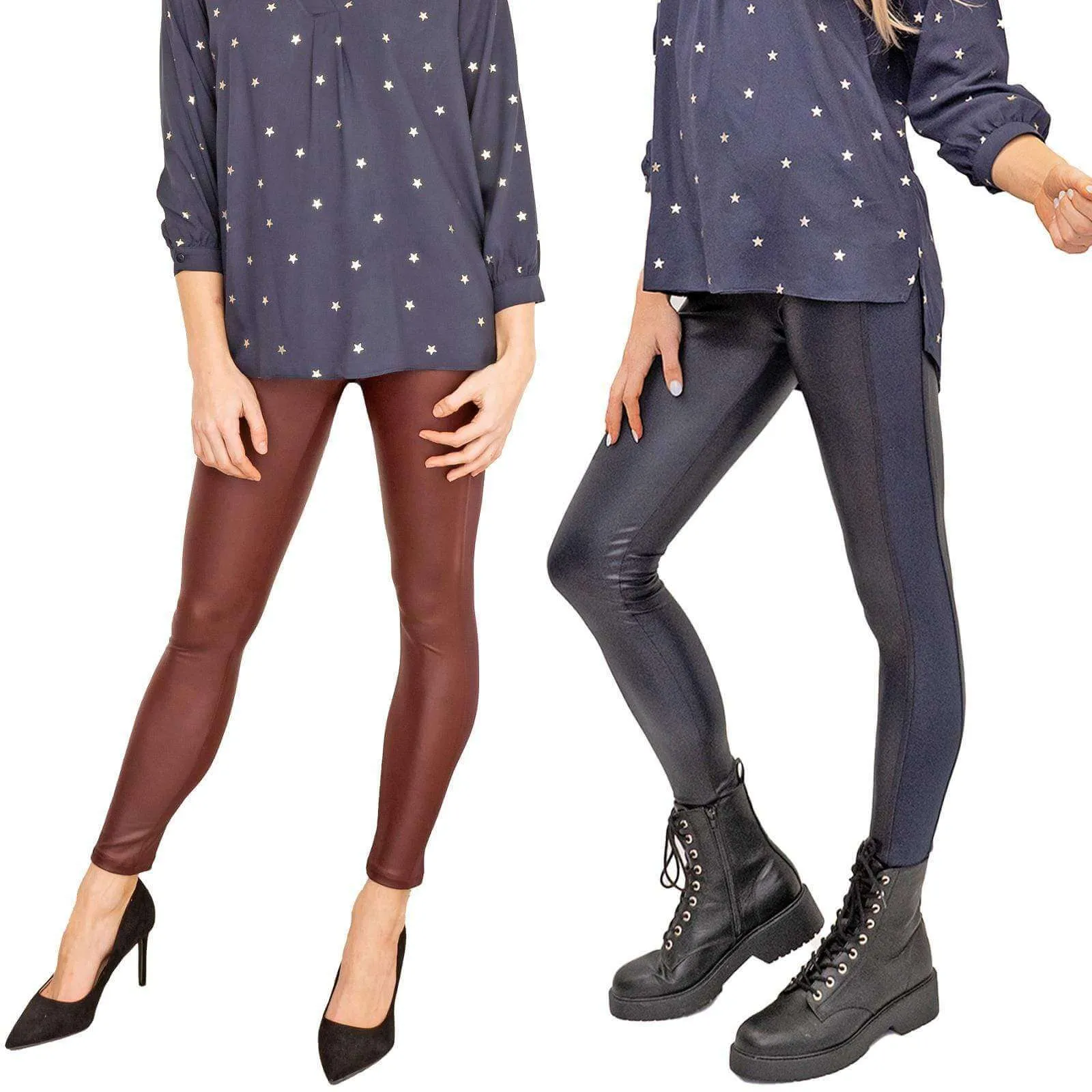 M&Co Stylish Wet Look Leggings in Navy and Berry Red