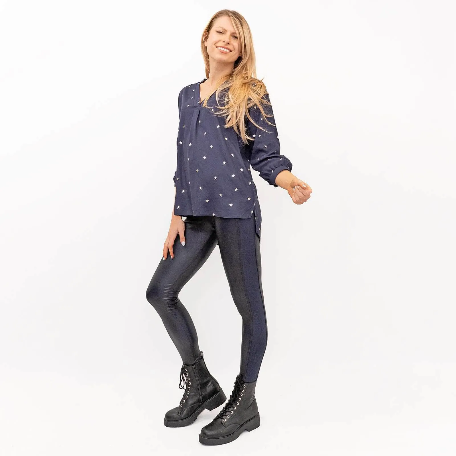 M&Co Stylish Wet Look Leggings in Navy and Berry Red