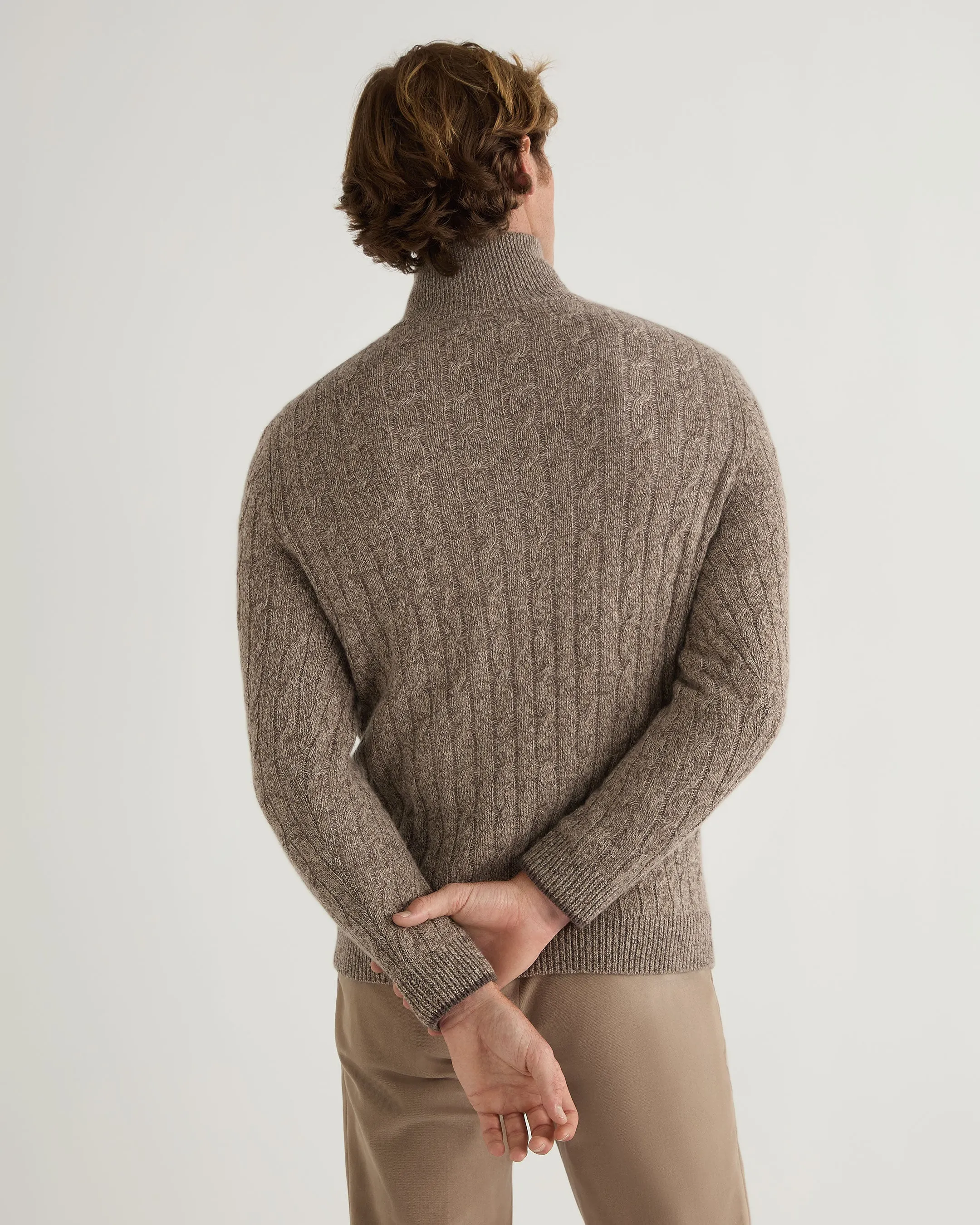 Men's Albemarle Cable Half Zip Cashmere Jumper Heather Hazel Brown