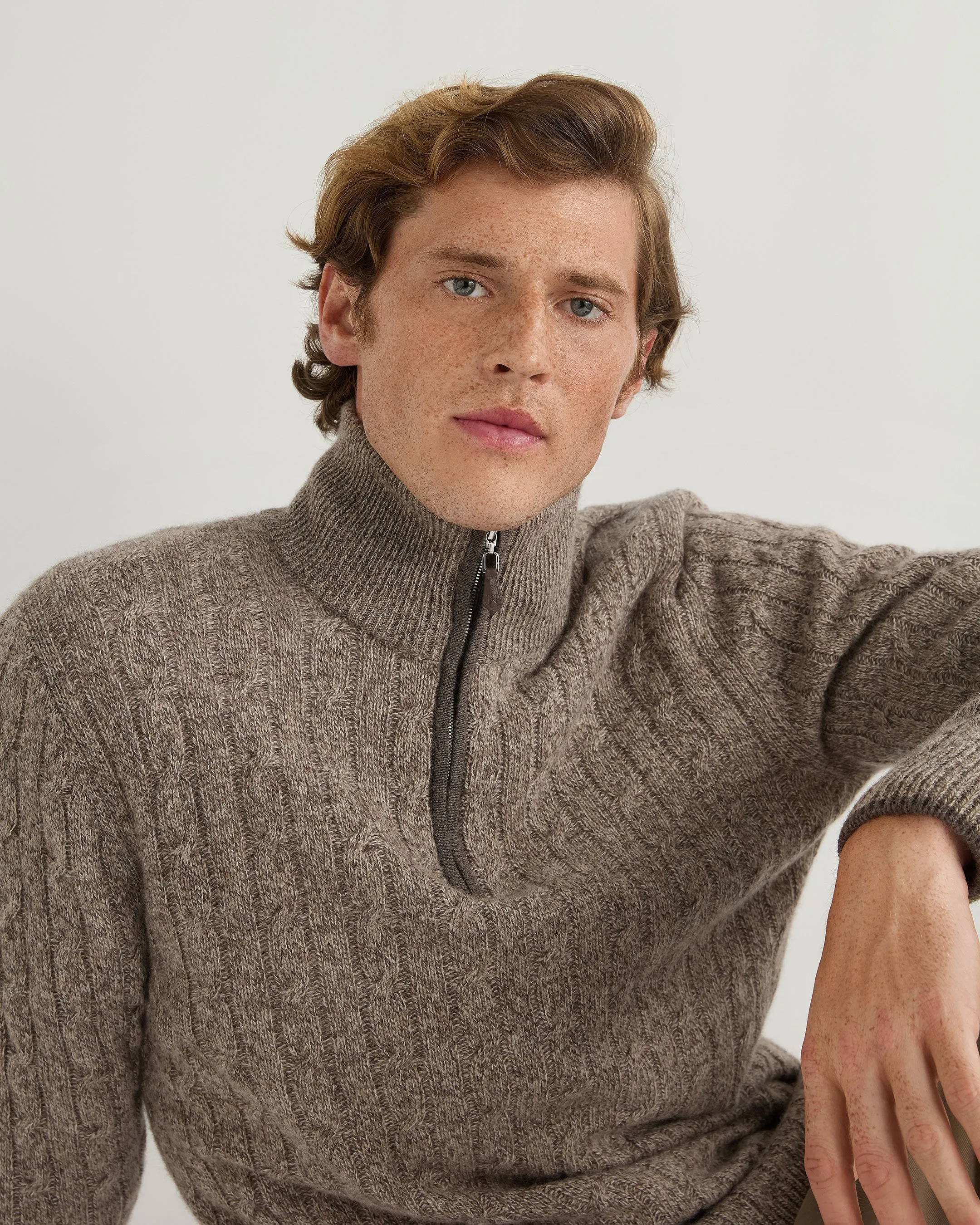 Men's Albemarle Cable Half Zip Cashmere Jumper Heather Hazel Brown