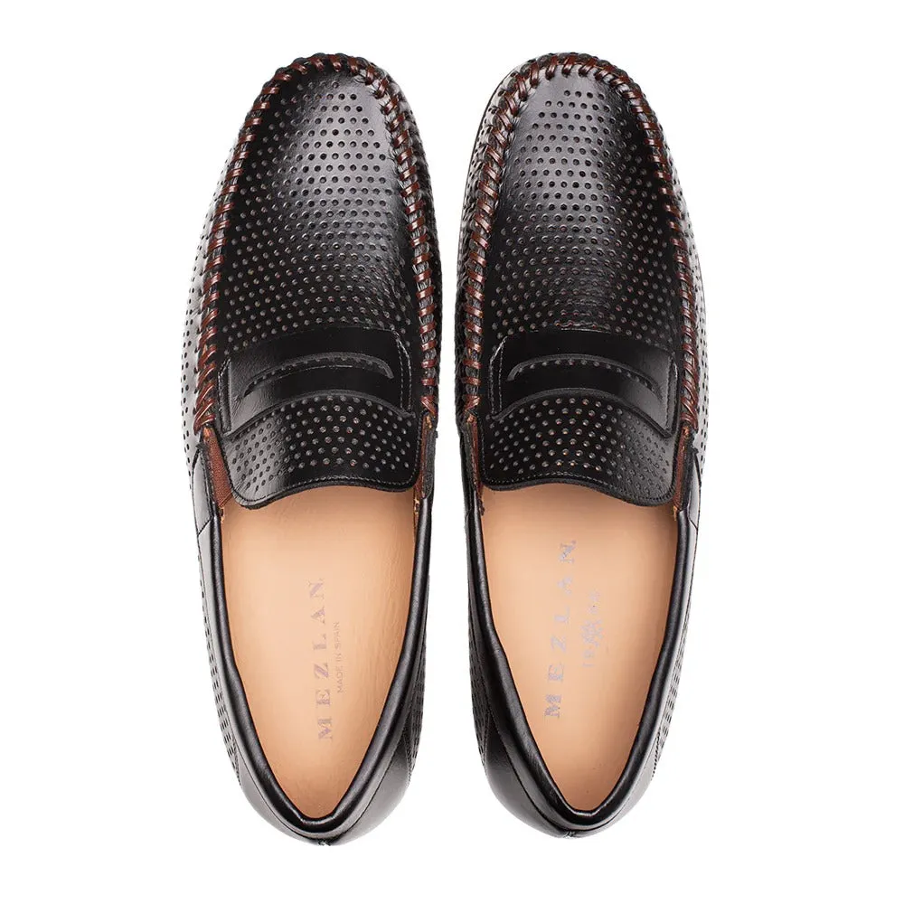 Mezlan R7388 Men's Shoes Black Peforated Calf-Skin Leather Penny Moccassin Loafers (MZ35671)