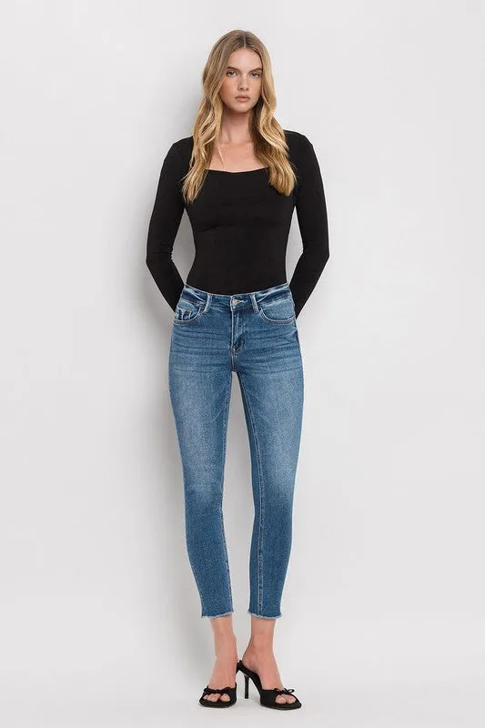 Mid Rise Raw Hem Crop Skinny