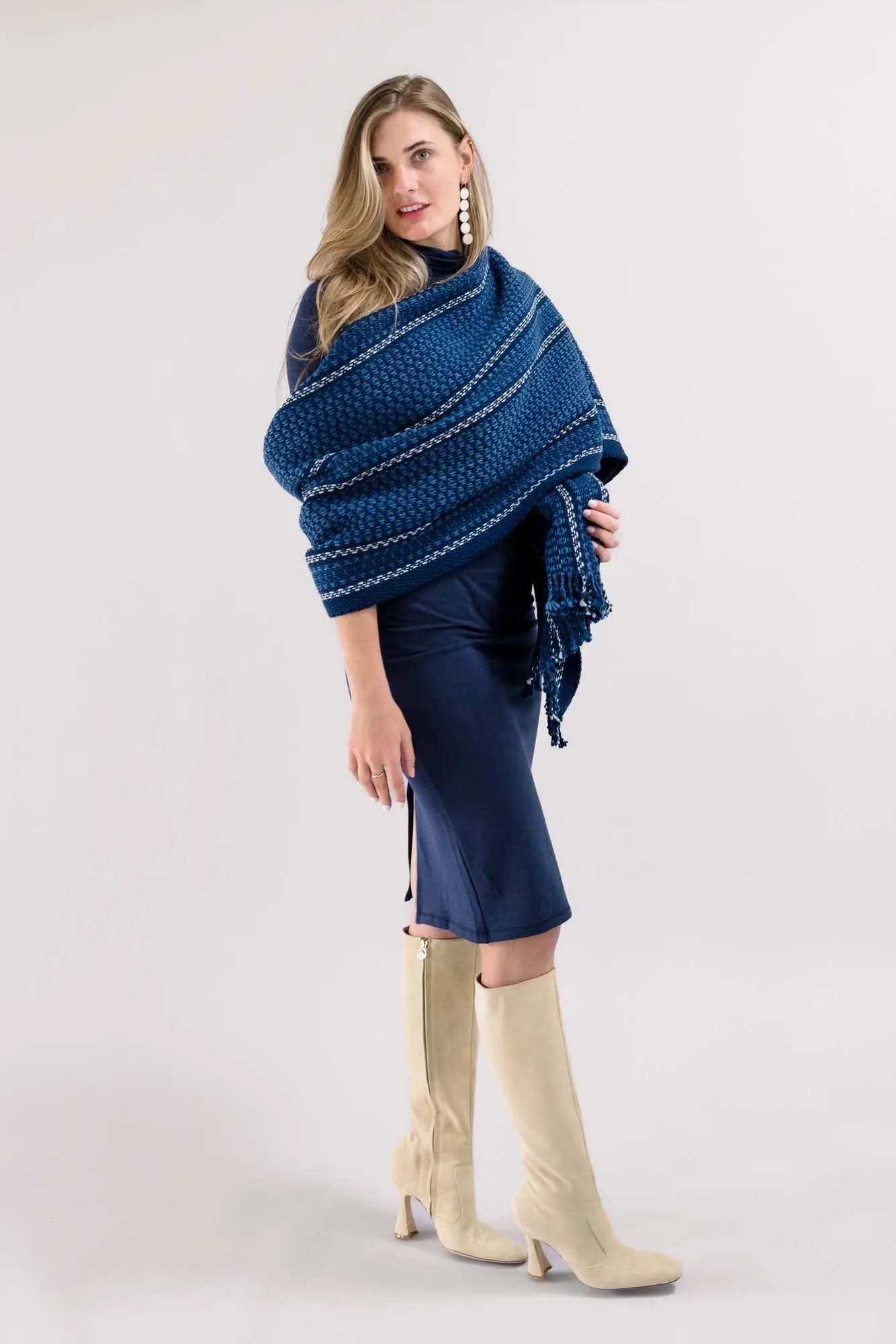 Oversized Indigo Cotton and Wool Historical Wrap