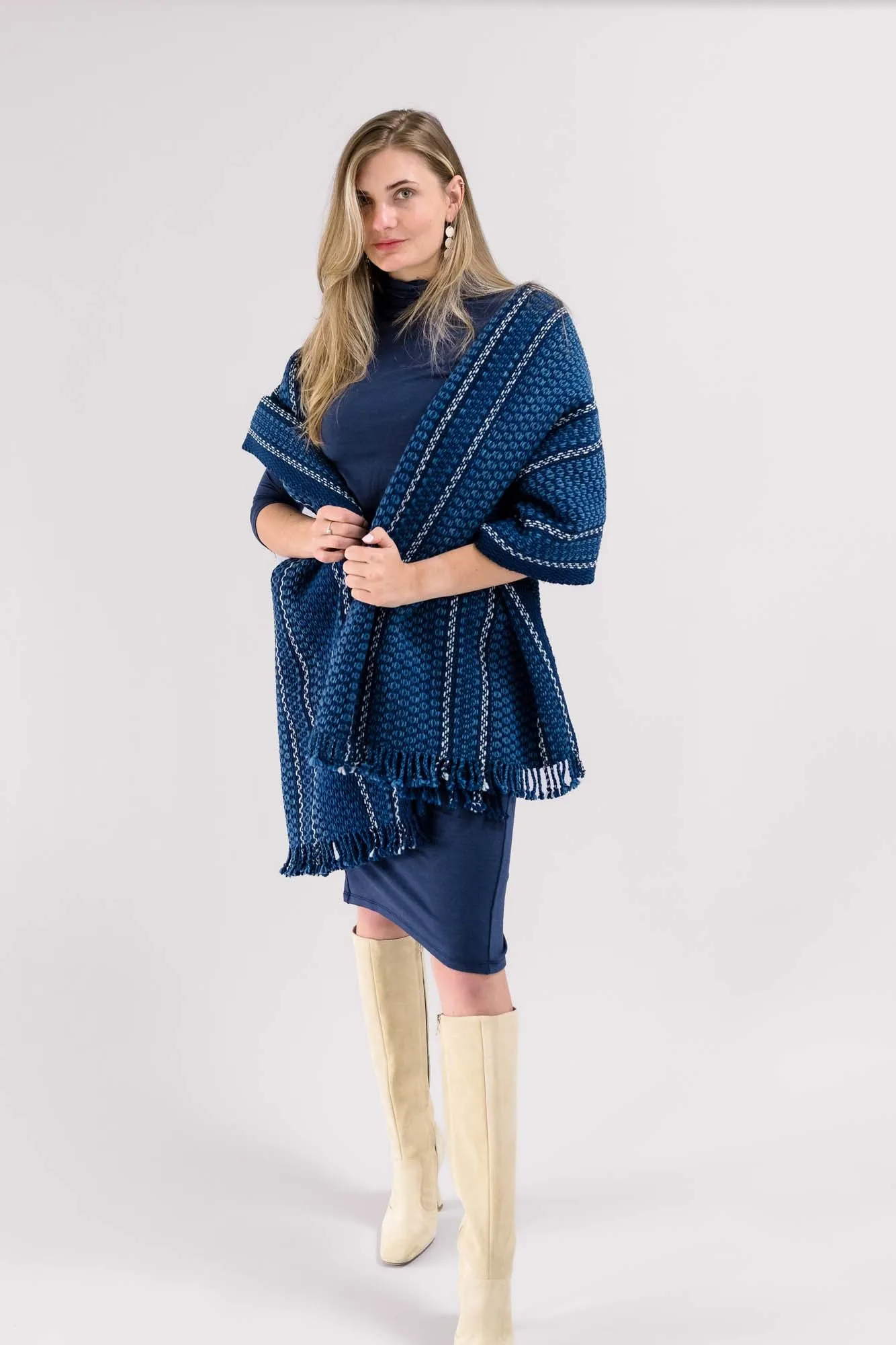 Oversized Indigo Cotton and Wool Historical Wrap