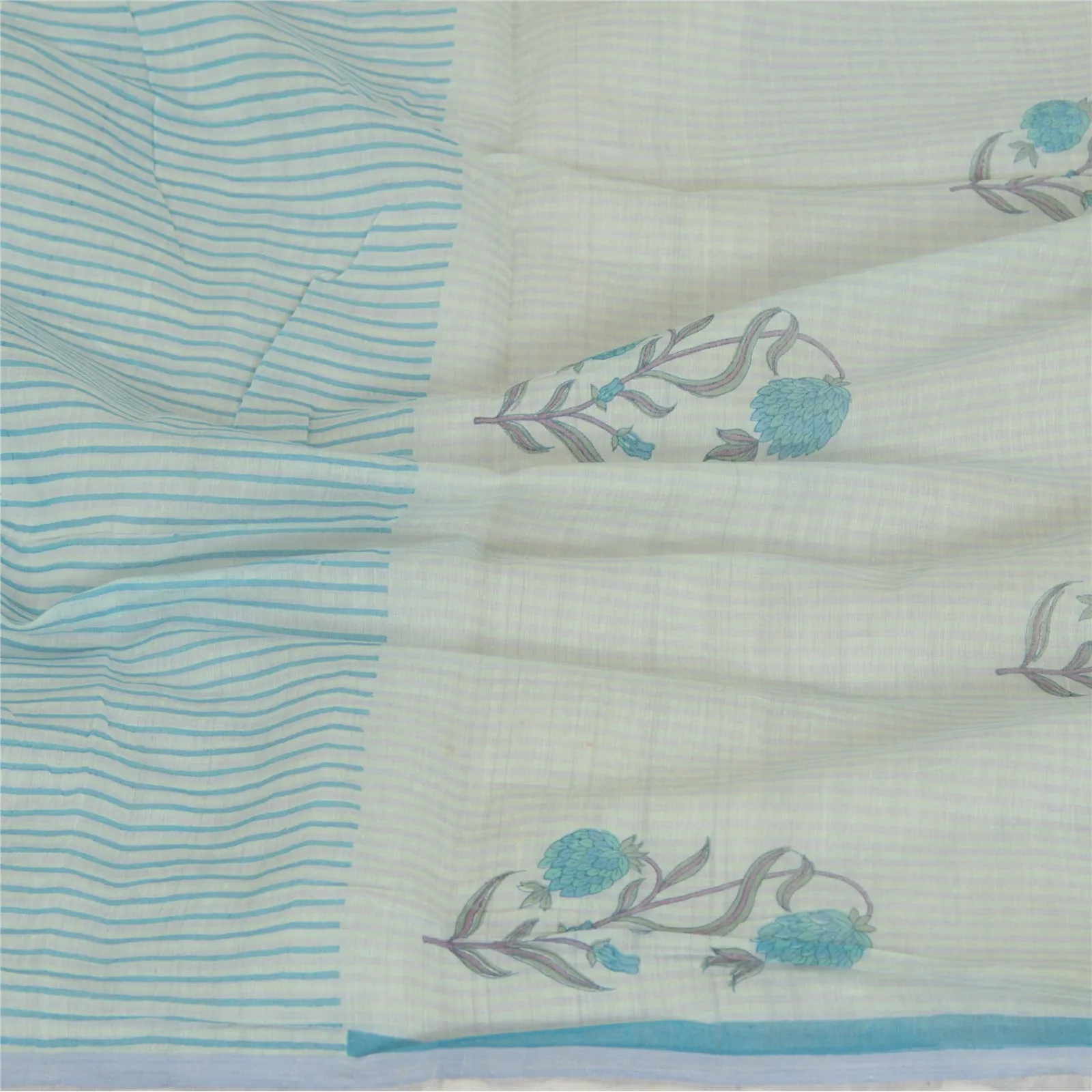 Sanskriti Vintage Blue Long Dupatta Stole 100% Pure Cotton Printed Scarves