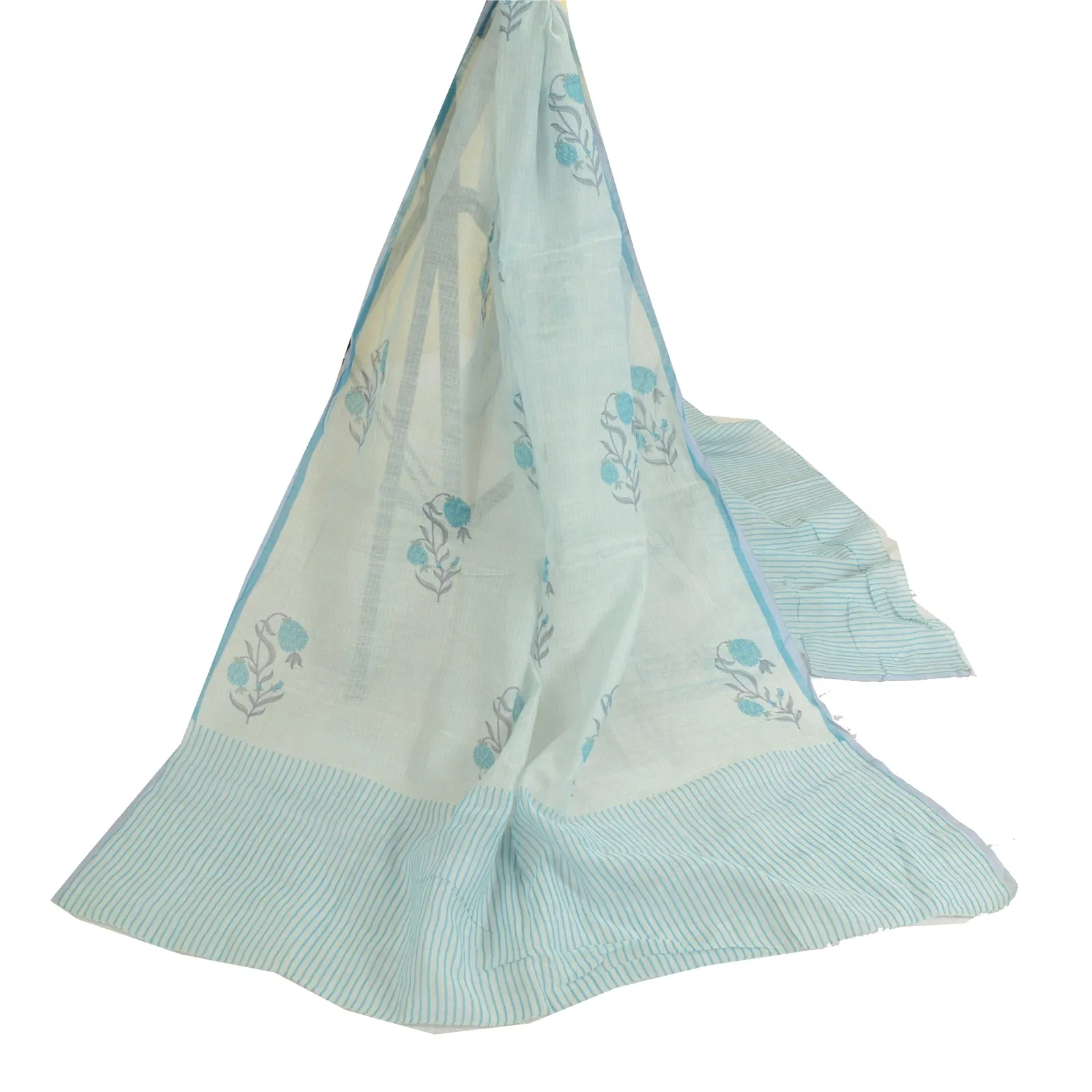 Sanskriti Vintage Blue Long Dupatta Stole 100% Pure Cotton Printed Scarves