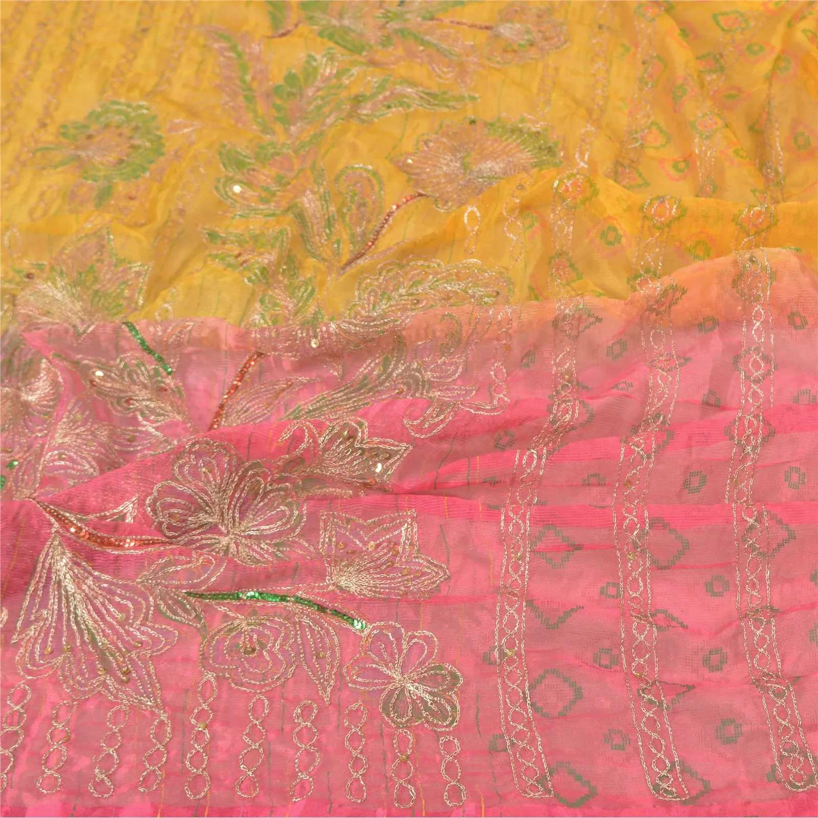 Sanskriti Vintage Dupatta Long Stole Art Silk Yellow Hijab Hand Beaded Scarves