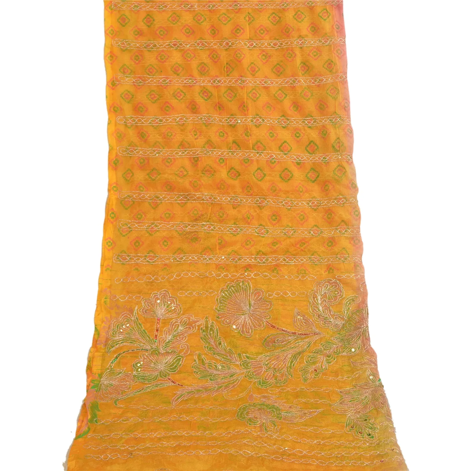 Sanskriti Vintage Dupatta Long Stole Art Silk Yellow Hijab Hand Beaded Scarves