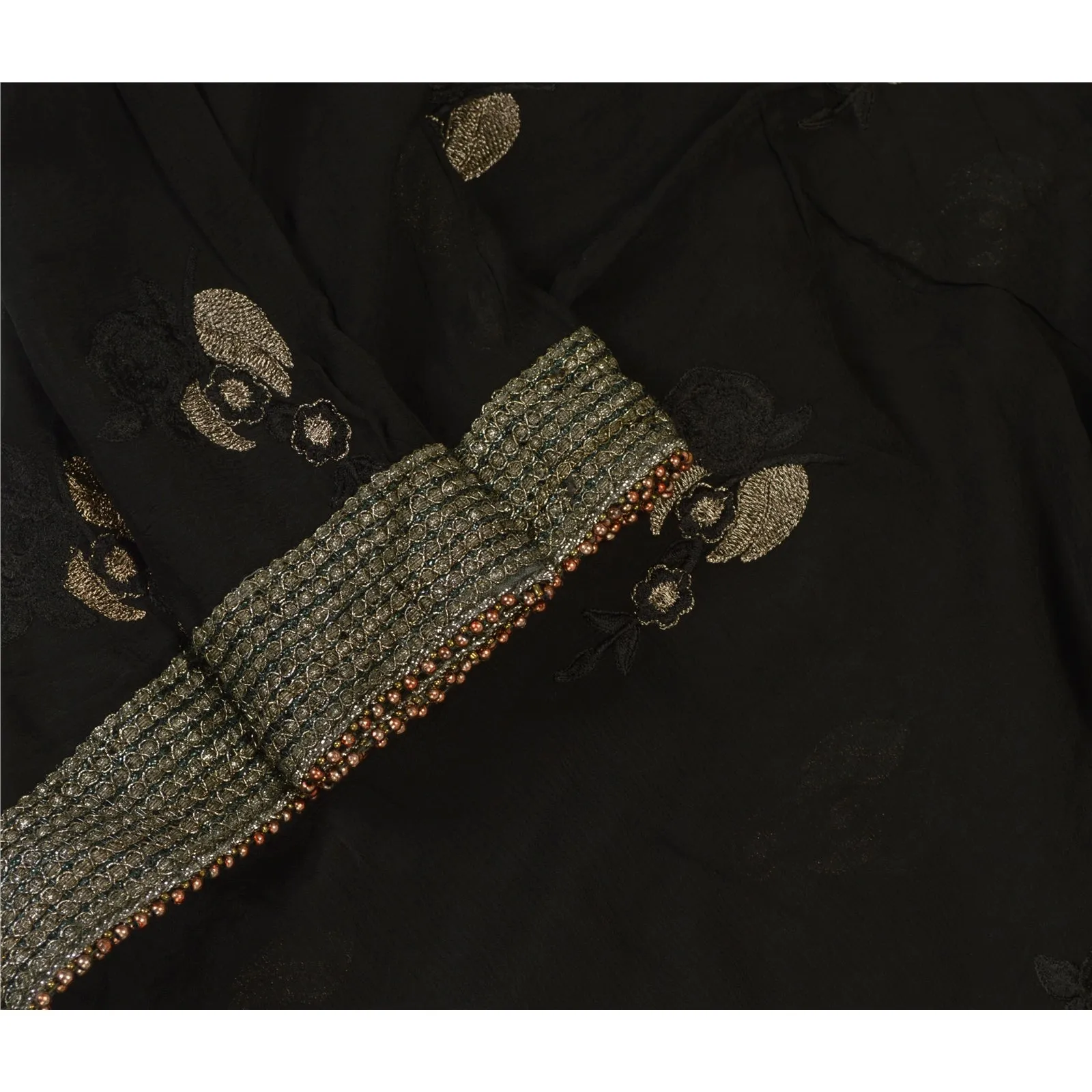 Sanskriti Vintage Dupatta Long Stole Pure Chiffon Silk Black Hand Beaded Scarves