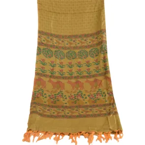 Sanskriti Vintage Long Dupatta Stole Blend Silk Shawl Brown Printed Scarves