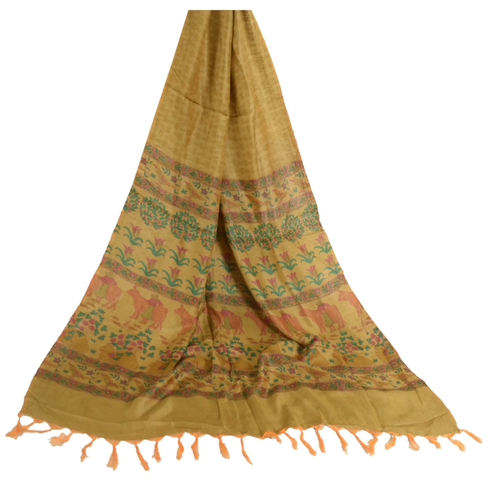 Sanskriti Vintage Long Dupatta Stole Blend Silk Shawl Brown Printed Scarves