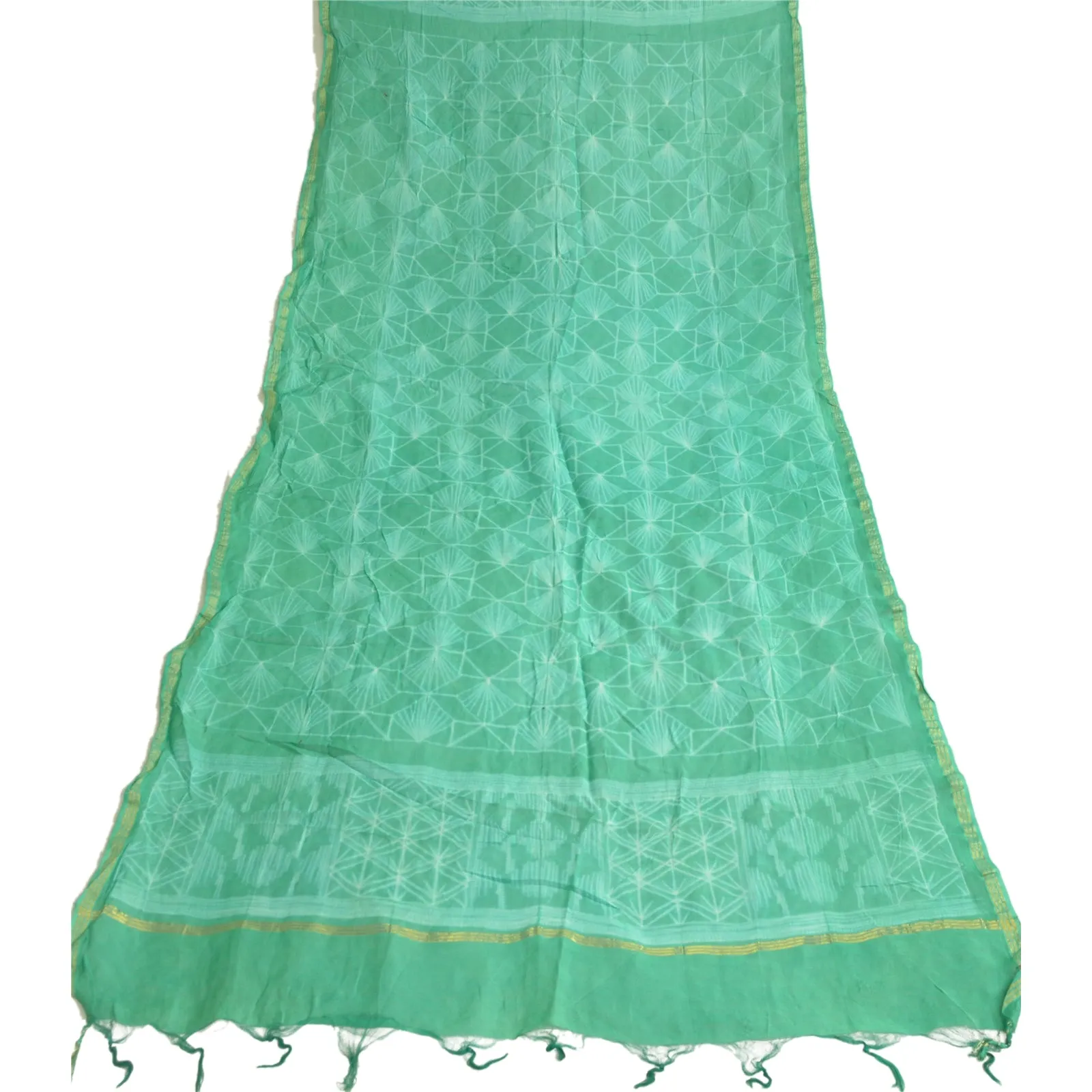 Sanskriti Vintage Long Dupatta Stole Cotton Silk Sea Green Printed Woven Scarves