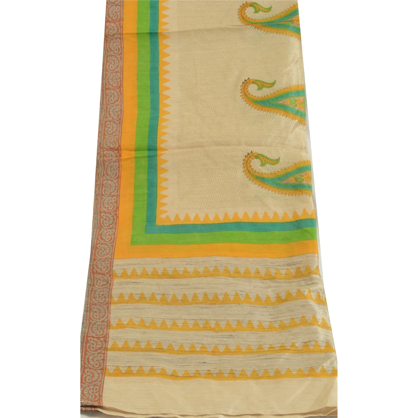 Sanskriti Vintage Long Dupatta Stole Pure Silk Ivory Hand-Block Printed Scarves