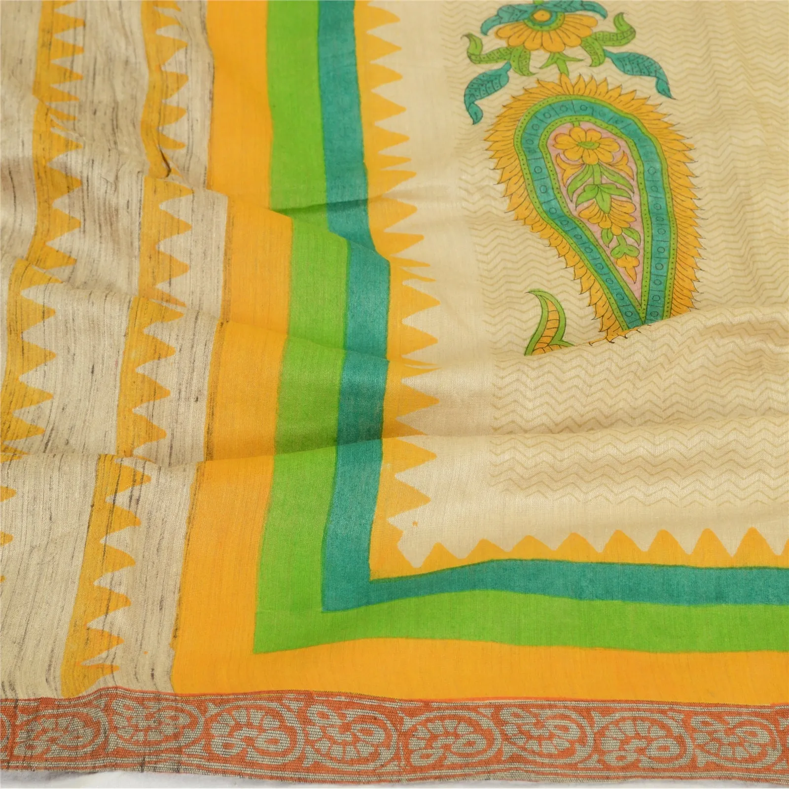 Sanskriti Vintage Long Dupatta Stole Pure Silk Ivory Hand-Block Printed Scarves