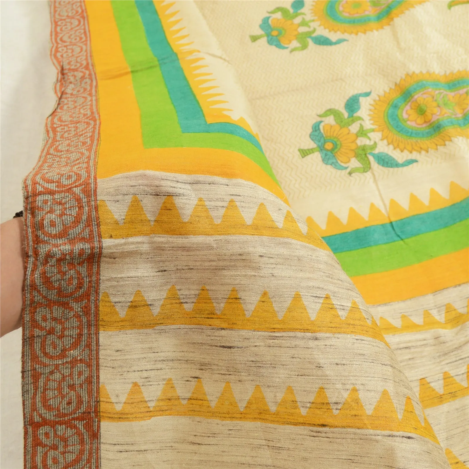 Sanskriti Vintage Long Dupatta Stole Pure Silk Ivory Hand-Block Printed Scarves