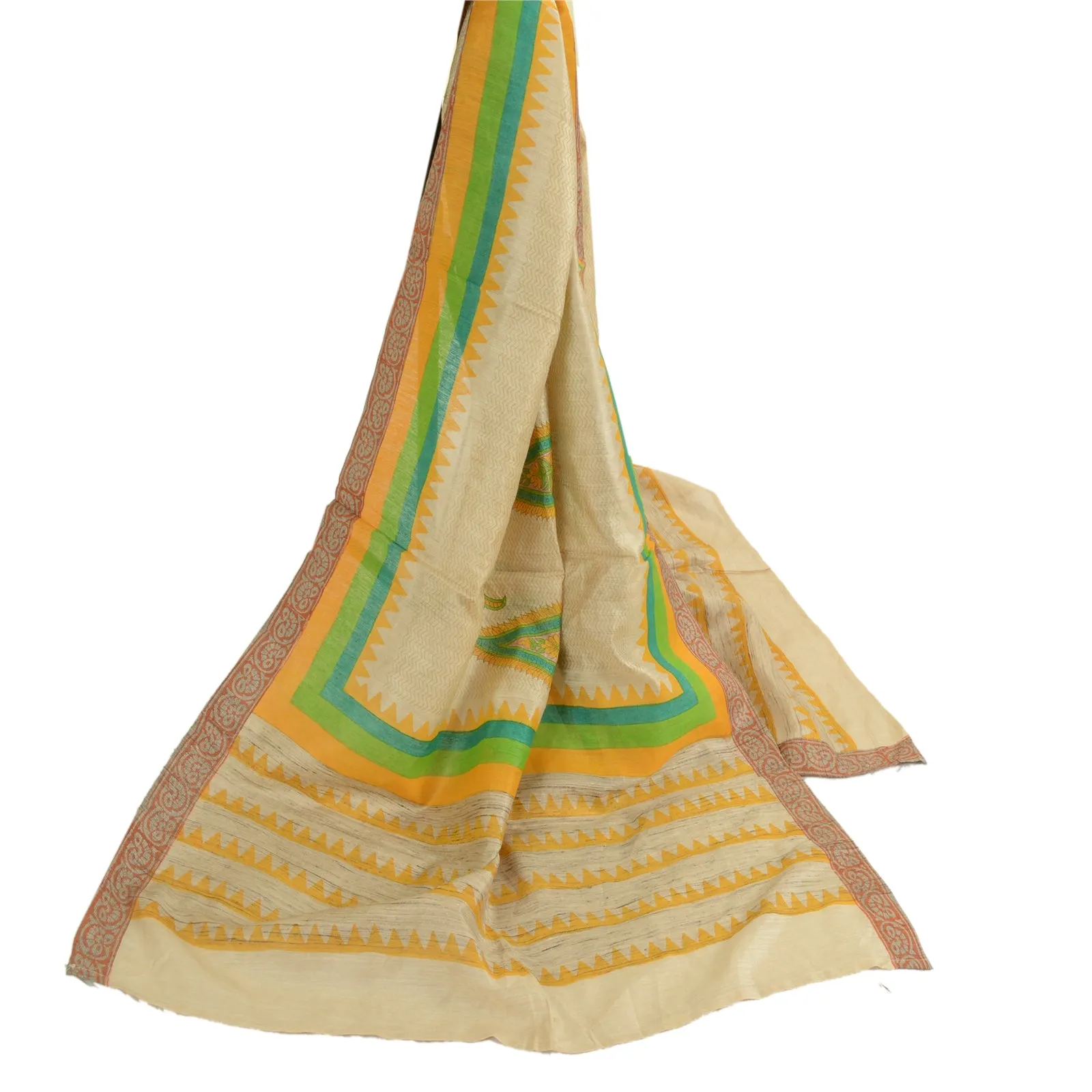 Sanskriti Vintage Long Dupatta Stole Pure Silk Ivory Hand-Block Printed Scarves