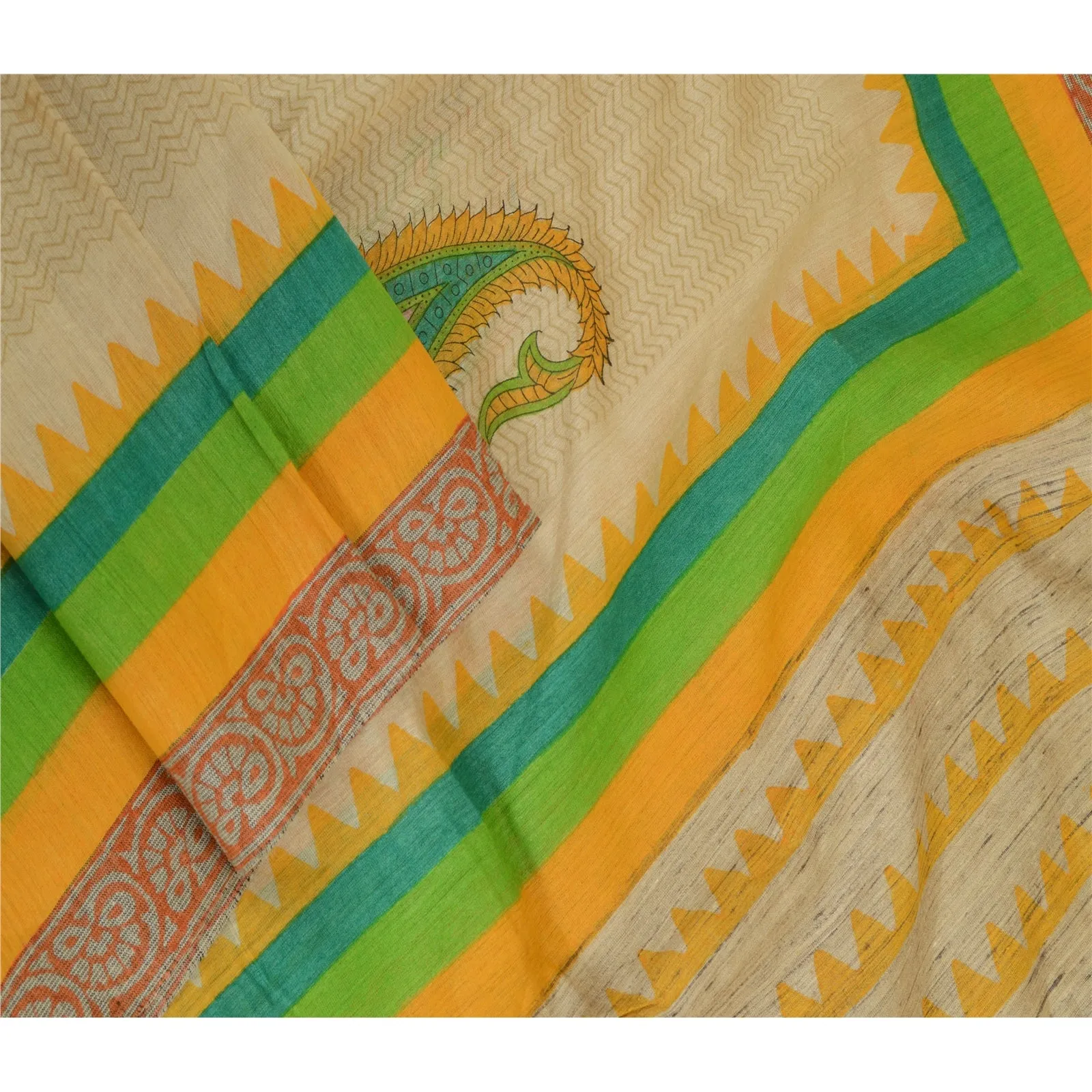 Sanskriti Vintage Long Dupatta Stole Pure Silk Ivory Hand-Block Printed Scarves