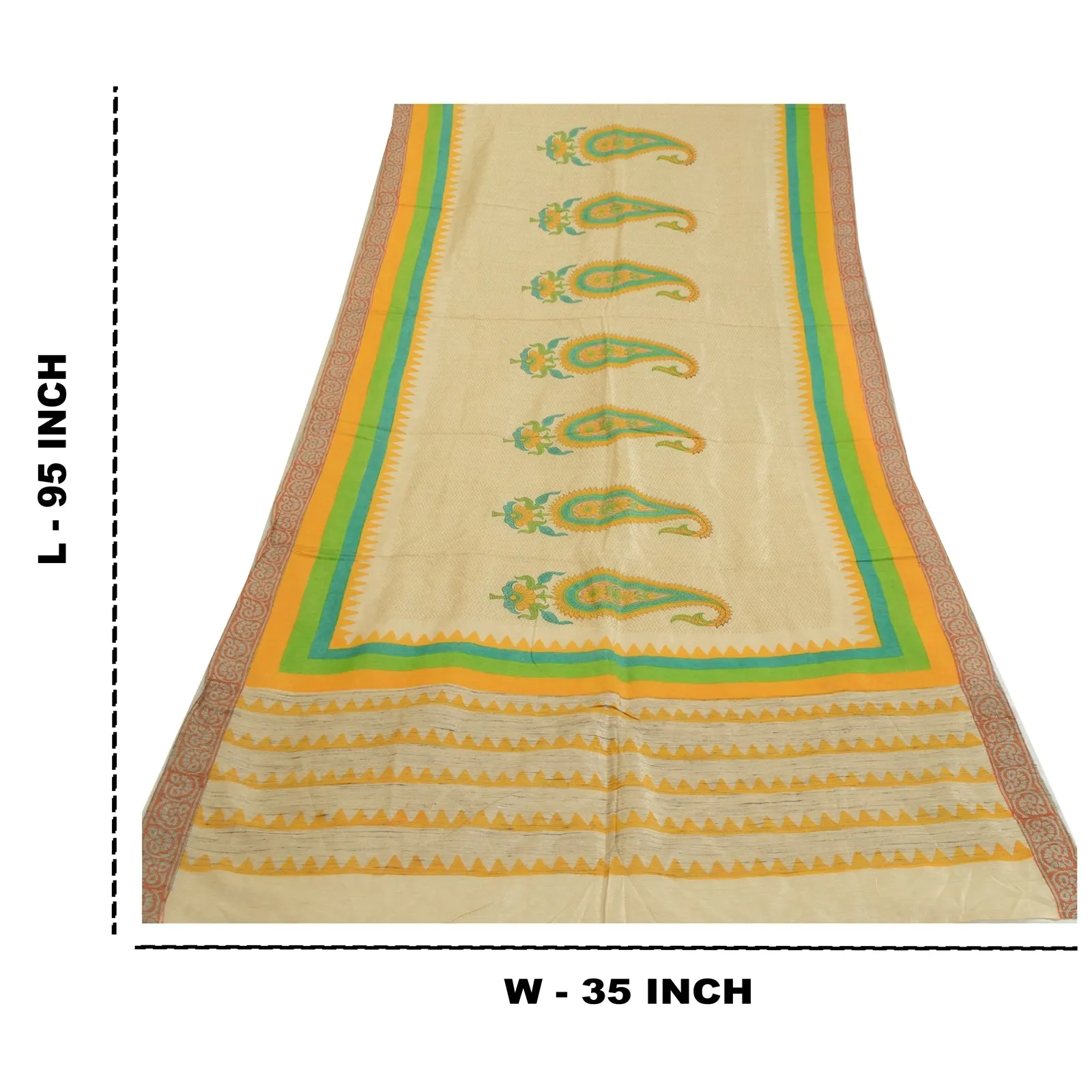 Sanskriti Vintage Long Dupatta Stole Pure Silk Ivory Hand-Block Printed Scarves