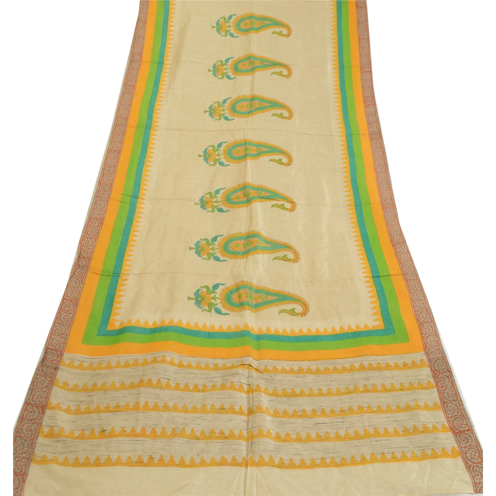 Sanskriti Vintage Long Dupatta Stole Pure Silk Ivory Hand-Block Printed Scarves