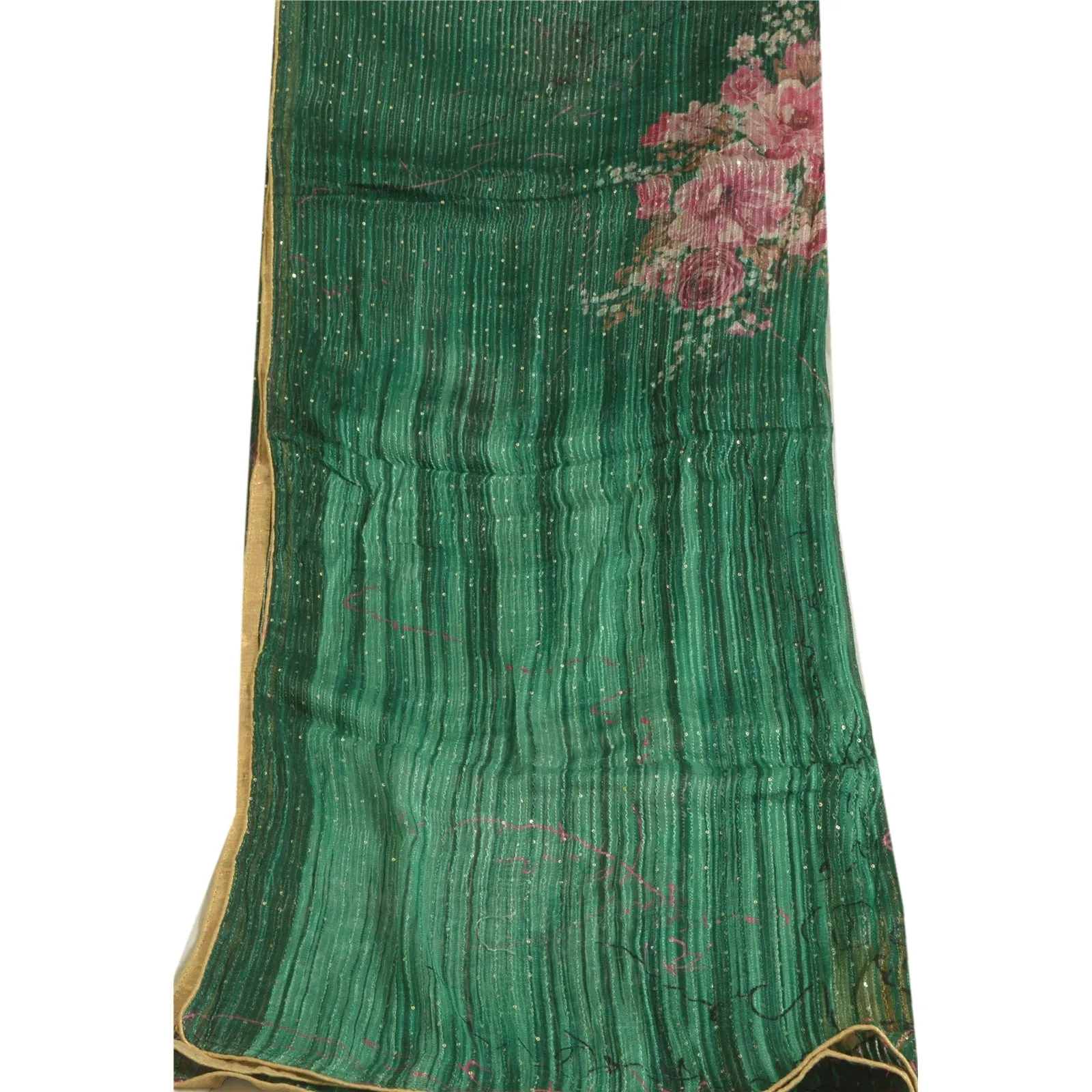 Sanskriti Vintage Long Green Dupatta/Stole Blend Silk Veil Embroidered Scarves