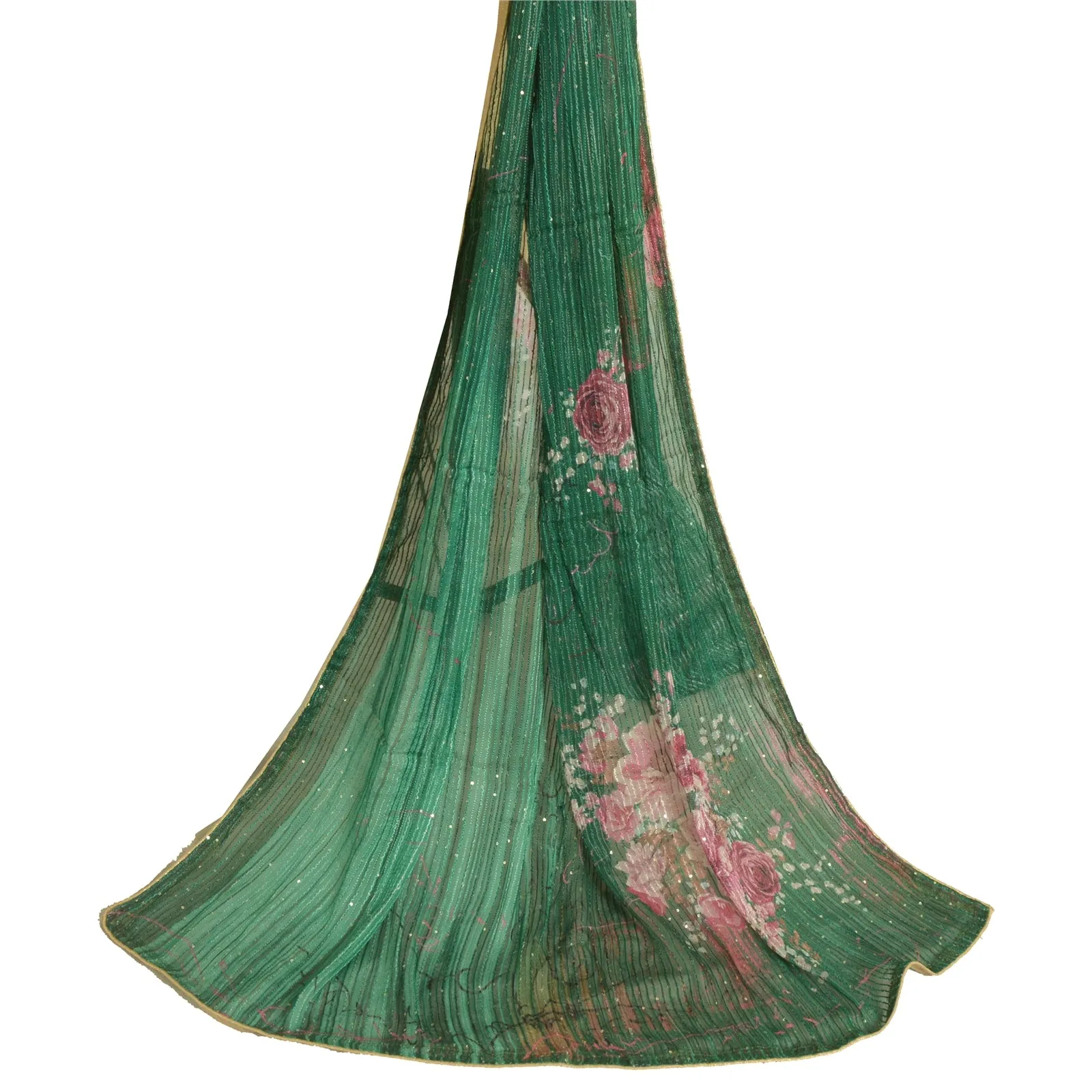 Sanskriti Vintage Long Green Dupatta/Stole Blend Silk Veil Embroidered Scarves