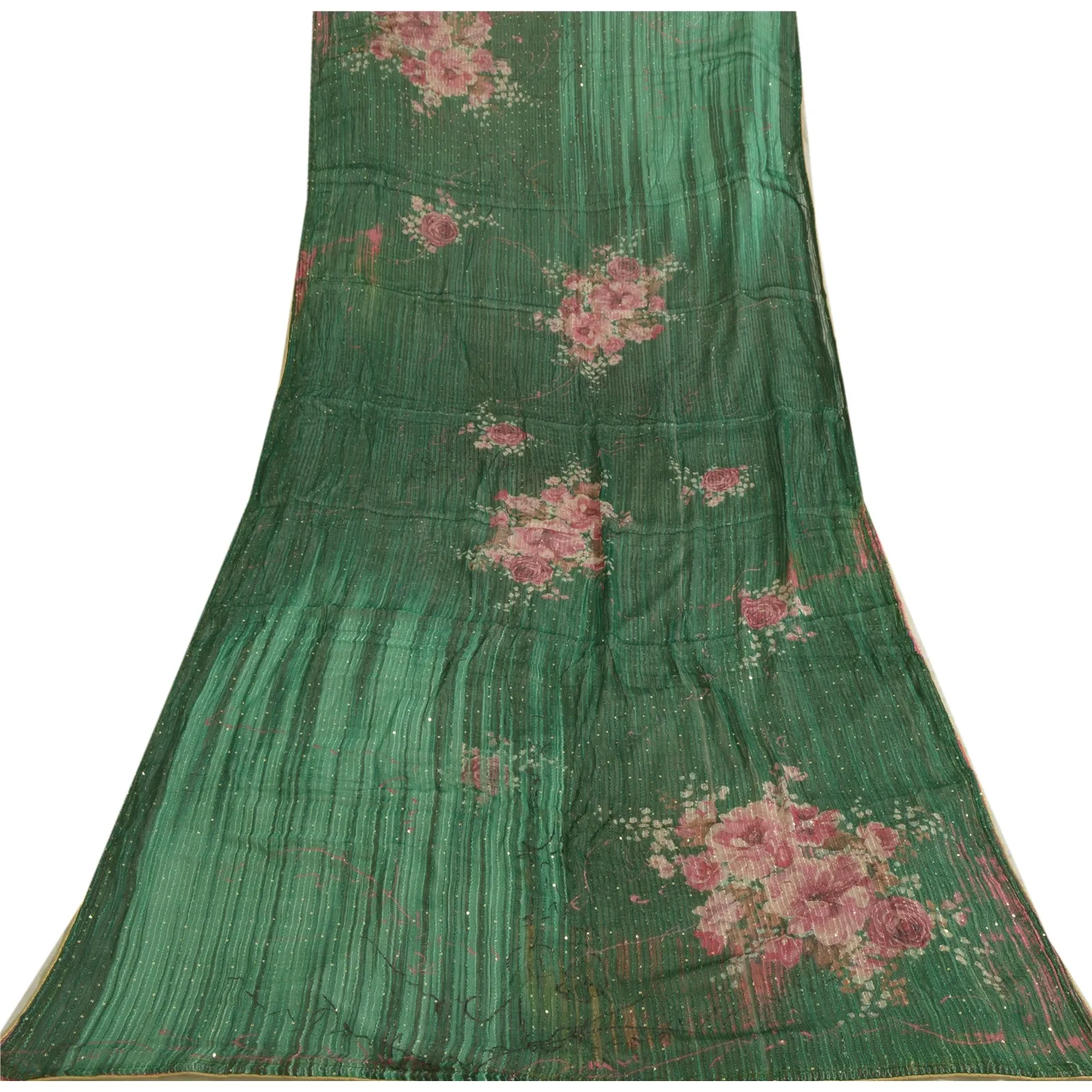 Sanskriti Vintage Long Green Dupatta/Stole Blend Silk Veil Embroidered Scarves