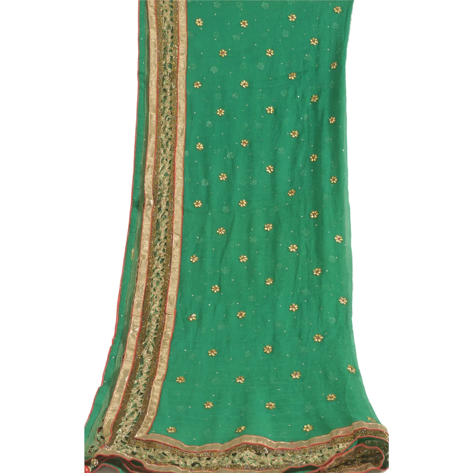 Sanskriti Vintage Long Green Dupatta/Stole Pure Chiffon Silk Hand Beaded Scarves