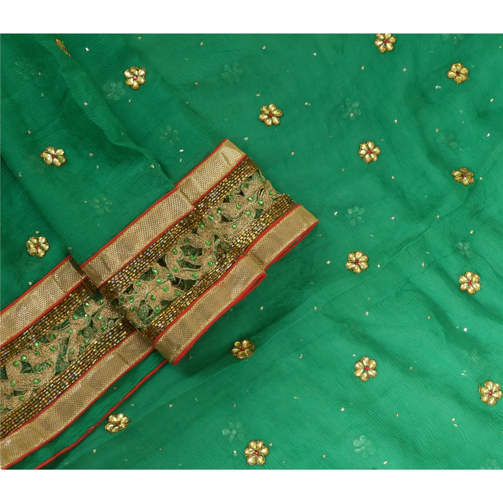 Sanskriti Vintage Long Green Dupatta/Stole Pure Chiffon Silk Hand Beaded Scarves