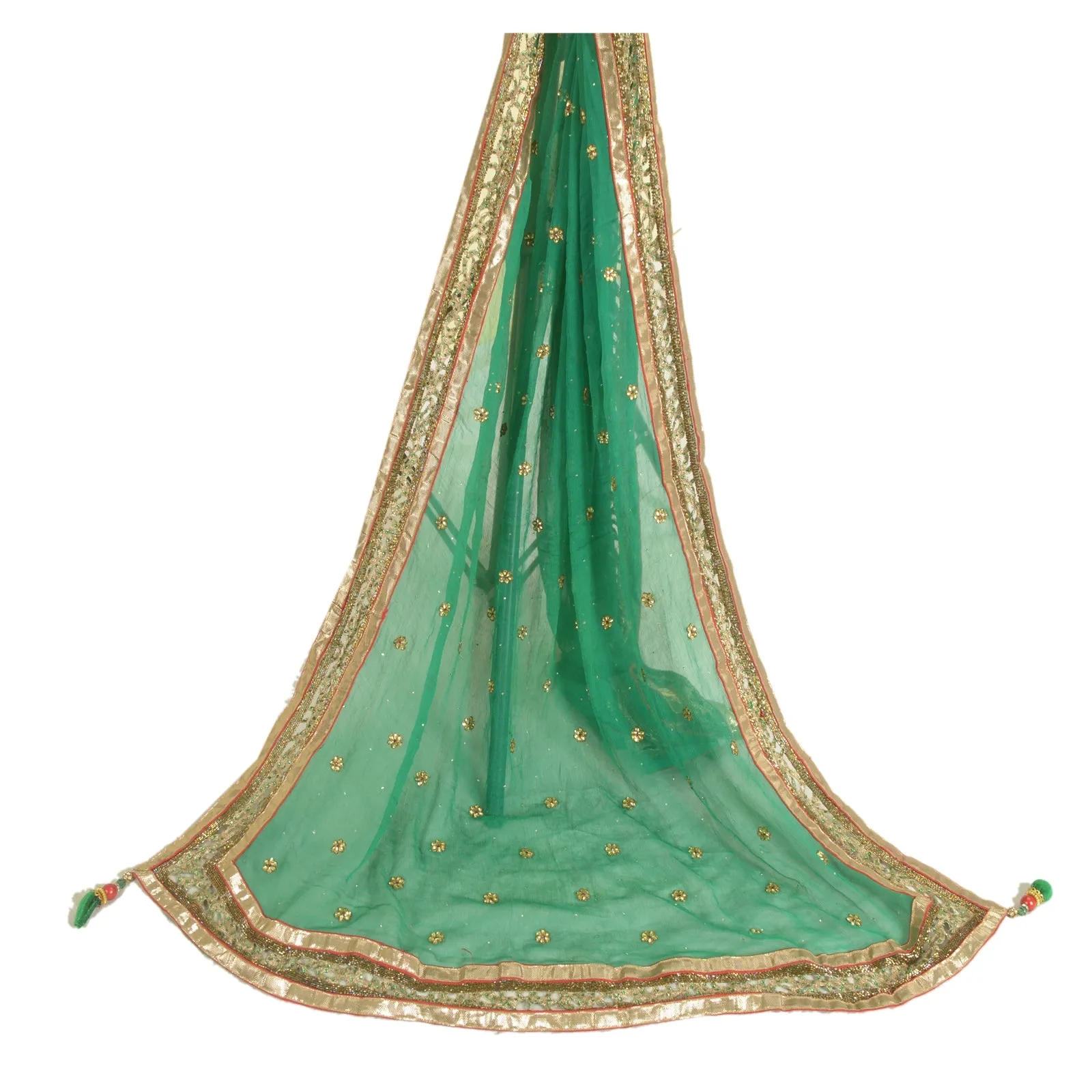 Sanskriti Vintage Long Green Dupatta/Stole Pure Chiffon Silk Hand Beaded Scarves