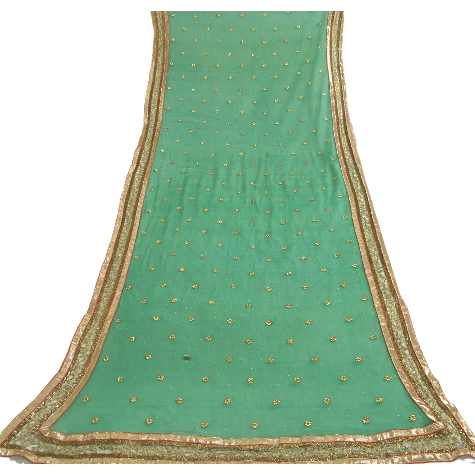 Sanskriti Vintage Long Green Dupatta/Stole Pure Chiffon Silk Hand Beaded Scarves